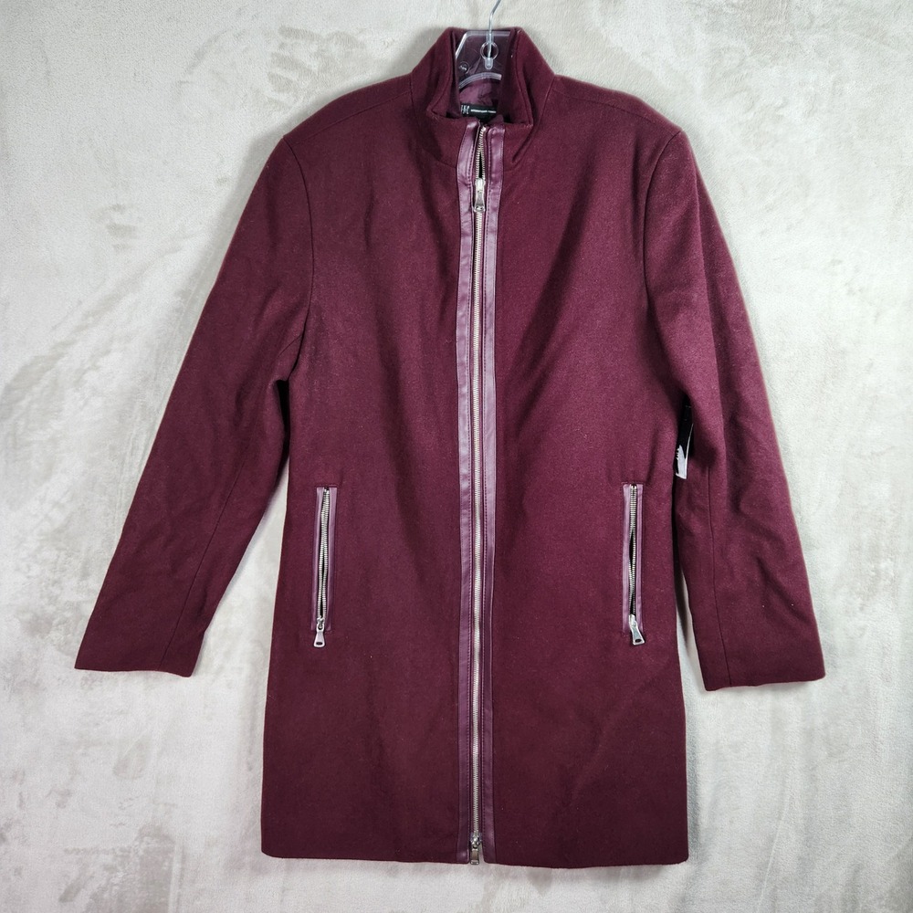 INC International Concepts Wool Blend Coat Mens Small Wine Faux Leather Trim Zip
